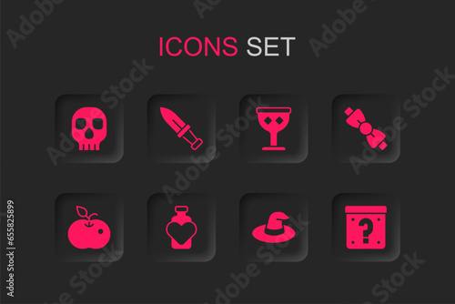 Set Bottle with love potion, Dagger, Skull, Witch hat, Bow tie, Mystery box, Medieval goblet and Poison apple icon. Vector