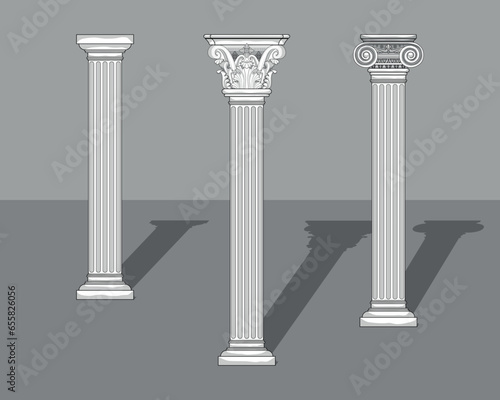Greek Columns, Dorica, Jonica, Corinthia, illustration of famous Greek columns with gray background.