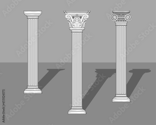 Greek Columns, Dorica, Jonica, Corinthia, illustration of famous Greek columns with gray background.