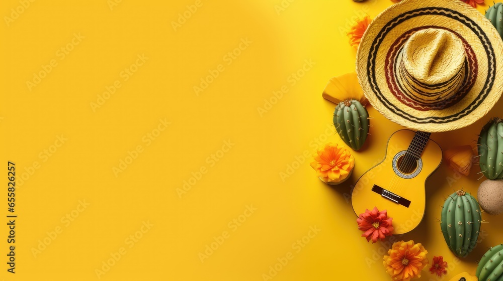 Cinco de Mayo holiday background. Cactus, guitar and hat on a yellow background. Sambrero, flowers. Postcard, advertising - obrazy, fototapety, plakaty 