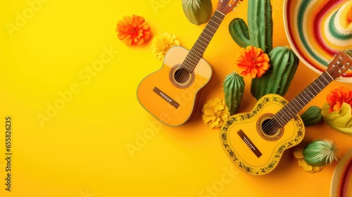 Cinco de Mayo holiday background. Cactus, guitar and hat on a yellow background. Sambrero, flowers. Postcard, advertising photo