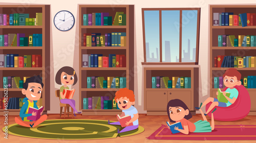 Library. Kids education people reading books in library interior exact vector cartoon background