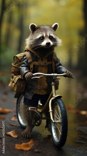 Adorable Adventure: A Cute Raccoon with a Backpack Enjoying a Bike Ride © Milica