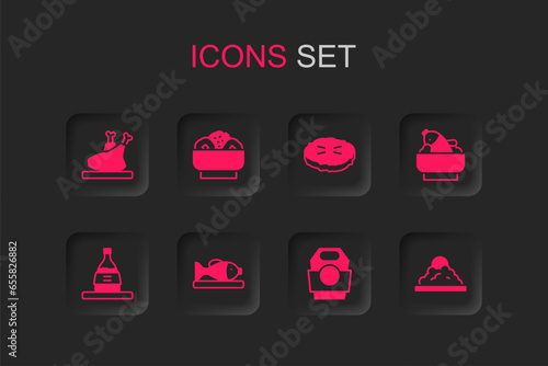 Set Served fish on a plate, Chow mein, Roasted turkey or chicken, Asian noodles paper box, Rice with bowl, Homemade pie and Bottle of sake icon. Vector