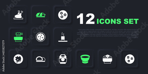 Set Chow mein on plate, Sushi, Homemade pie, Soy sauce bowl, Asian noodles, Fish with sliced pieces and paper box icon. Vector