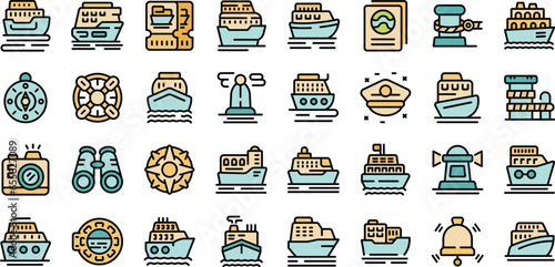 Travel by ship icons set outline vector. Sea boat. Ferry cruise thin line color flat on white