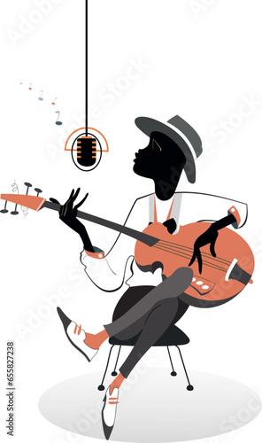 African singing guitar player. 
African musician playing guitar and singing. Isolated on white background
