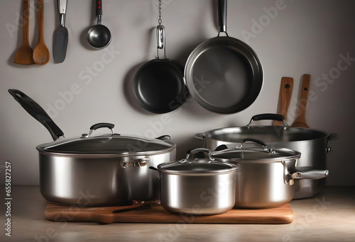 Cookware. Kitchen Utensils. Culinary Tools. Pots. Pans. Cooking. Chef's Essentials. Food Preparation. Kitchenware. Culinary Equipment. Non-stick. High Quality. Home Cooking. Cookware. AI Generated.