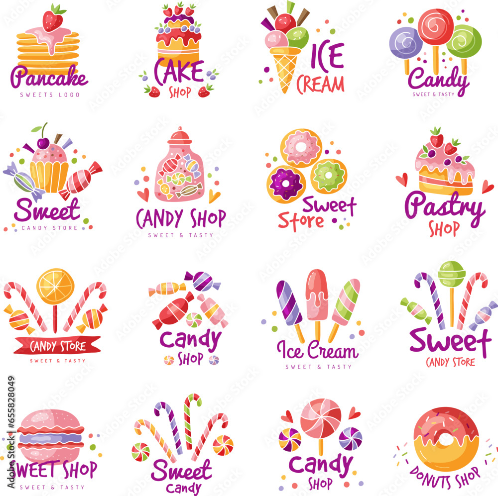 Sweets logo. Bakery and ice cream symbols badges with place for text recent vector illustrations set Sweets logo. Bakery and ice cream symbols badges with place for text recent vector illustrations set