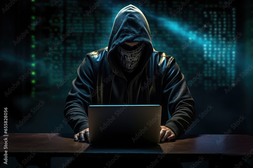 Hacker wearing hoodie and face mask working on laptop. Digital and hacking background Hacker wearing hoodie and face mask working on laptop. Digital and hacking background