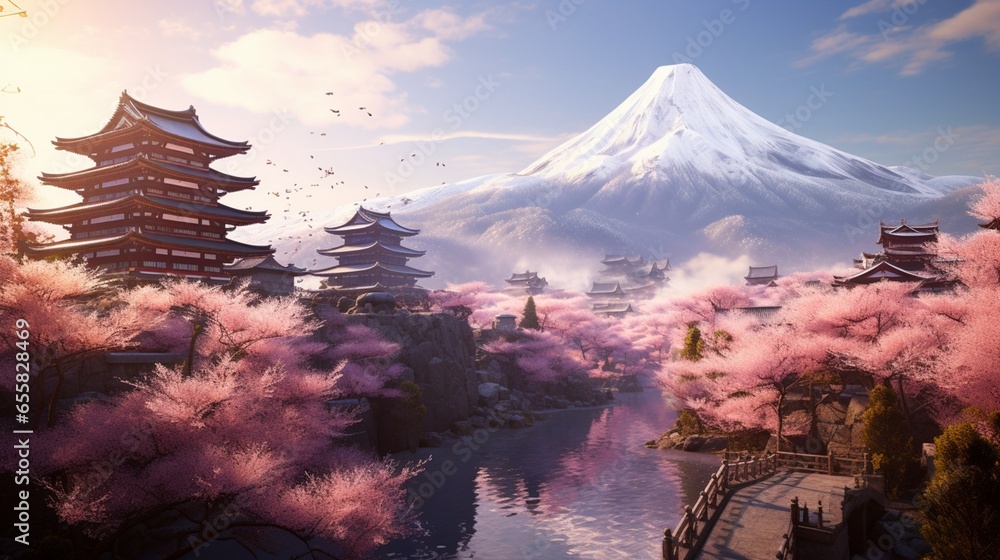 Tranquil Cherry Blossom Galas amid scenic monk temples atop picturesque mountains with panoramic views & temples adorned in classic attire & traditional samurai 
