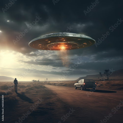 Flying saucer. Alien Encounters. Paranormal background