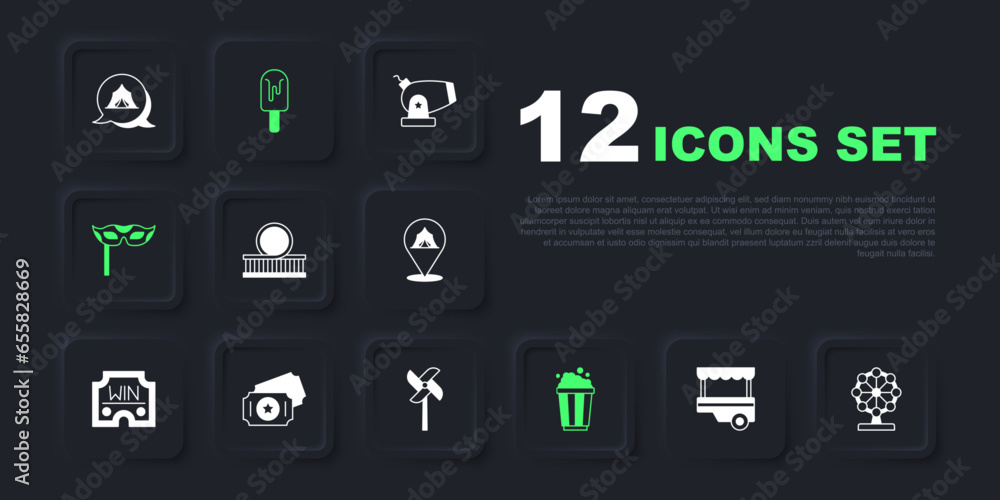 Set Fast street food cart, Ferris wheel, Roller coaster, Popcorn in cardboard box, Festive mask, Circus ticket, Ice cream and Pinwheel toy icon. Vector Set Fast street food cart, Ferris wheel, Roller coaster, Popcorn in cardboard box, Festive mask, Circus ticket, Ice cream and Pinwheel toy icon. Vector