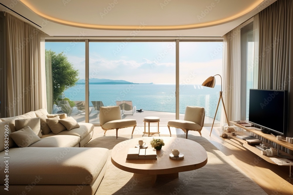 Living room with a scenic sea view and a chic interior design. Generative AI