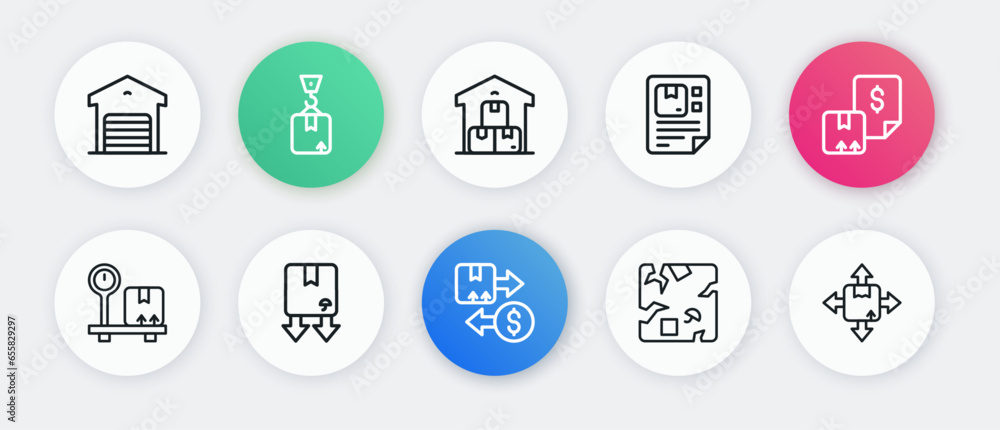 Set line Tax cardboard box, Waybill, Scale with, Broken, Full warehouse, Carton and Cardboard traffic symbol icon. Vector