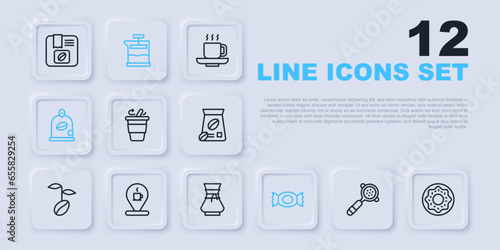 Set line Coffee filter holder, Donut, cup to go, Candy, Bag coffee beans, Location with, French press and Pour over maker icon. Vector