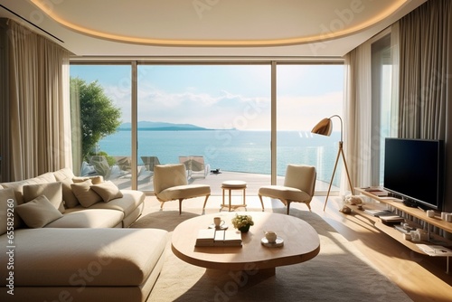 Living room with a scenic sea view and a chic interior design. Generative AI © Selena