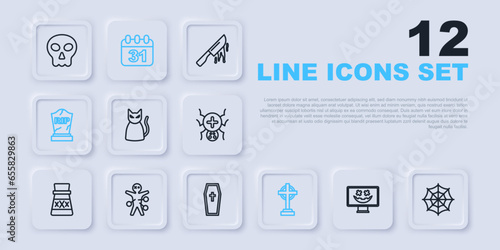 Set line Happy Halloween holiday, Spider web, Black cat, Tombstone with cross, RIP written, Voodoo doll, date 31 october and Coffin christian icon. Vector