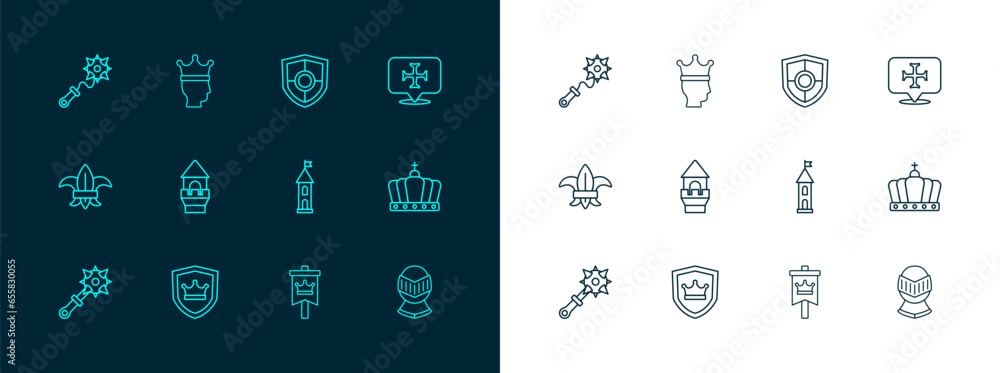 Set line Crusade, Shield with crown, Castle tower, Medieval flag, Mace spikes and King icon. Vector Set line Crusade, Shield with crown, Castle tower, Medieval flag, Mace spikes and King icon. Vector