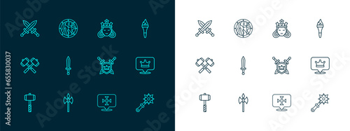 Set line Torch flame, Medieval axe, Shield with swords, Crusade, Princess queen, Crossed medieval and Round wooden shield icon. Vector