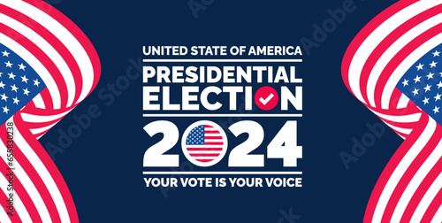 Presidential election 2024 background design template with USA flag. Vote in USA flag banner design. Election voting poster. president voting 2024. Political election 2024 campaign background.