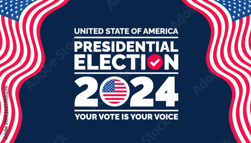 Presidential election 2024 background design template with USA flag. Vote in USA flag banner design. Election voting poster. president voting 2024. Political election 2024 campaign background.