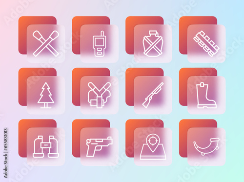 Set line Hunting cartridge belt, Pistol or gun, place, Slingshot, Canteen water bottle, Burning match with fire and Walkie talkie icon. Vector