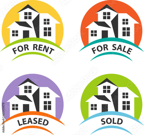 Modern real estate signs in fancy flat colors - For Rent, For Sale, Leased, Sold.