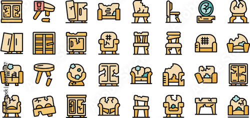 Broken furniture icons set outline vector. Interior room. Damage broken thin line color flat on white