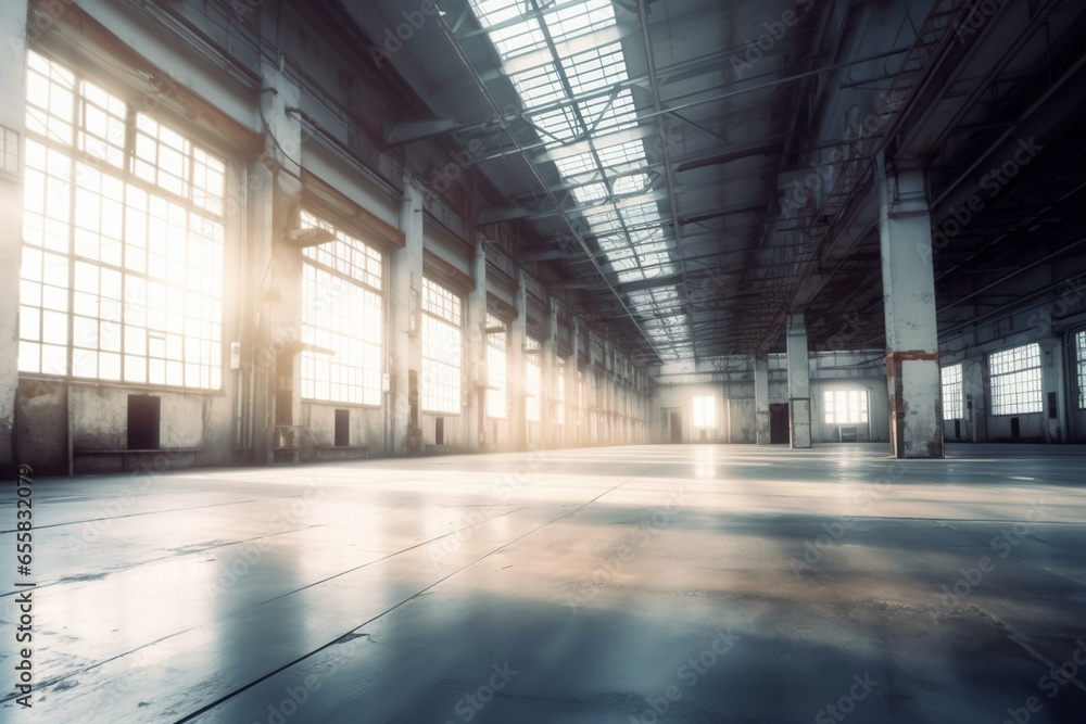 Blurred backdrop depicting a spacious industrial setting. Generative AI