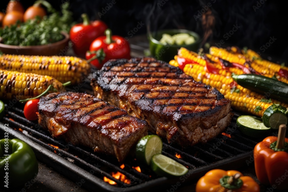Fiery Grilled Meats and Fresh Vegetables on Black Background: Juicy BBQ Steak, Chicken, Pineapple, and Peppers delicious, AI Generated Fiery Grilled Meats and Fresh Vegetables on Black Background: Juicy BBQ Steak, Chicken, Pineapple, and Peppers delicious, AI Generated