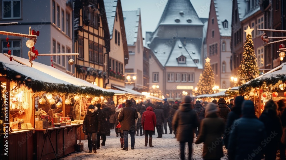 Christmas market and Christmas Decoration in beautiful old town - obrazy, fototapety, plakaty 