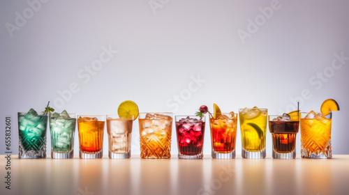 Set of various contemporary classic alcohol cocktails in different glasses placed on table