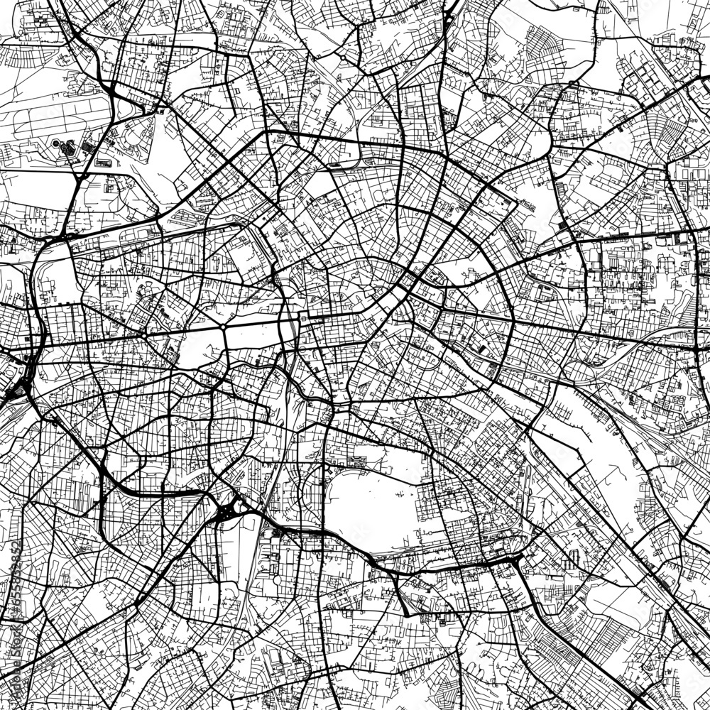 1:1 square aspect ratio vector road map of the city of  Berlin in Germany with black roads on a white background.