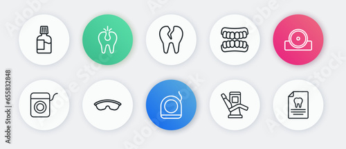 Set line Dental floss, Otolaryngological head reflector, Medical dental chair, Dentures model, Broken tooth, Clipboard with card and Safety goggle glasses icon. Vector