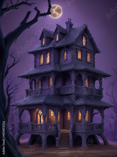 A giant tree captures the roots of the house, fantasy, magic, cartoon. AI photo