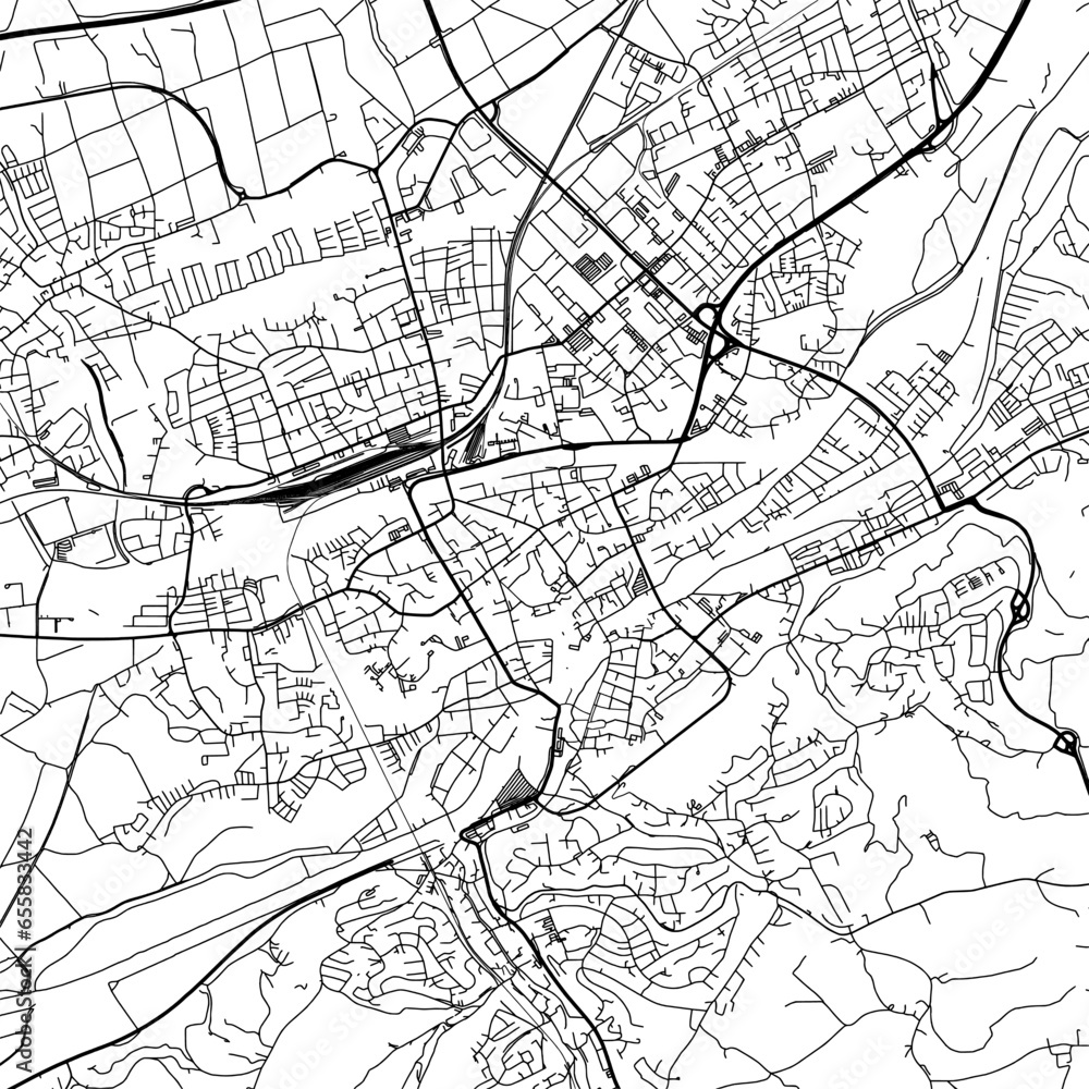 1:1 square aspect ratio vector road map of the city of  Landshut in Germany with black roads on a white background.