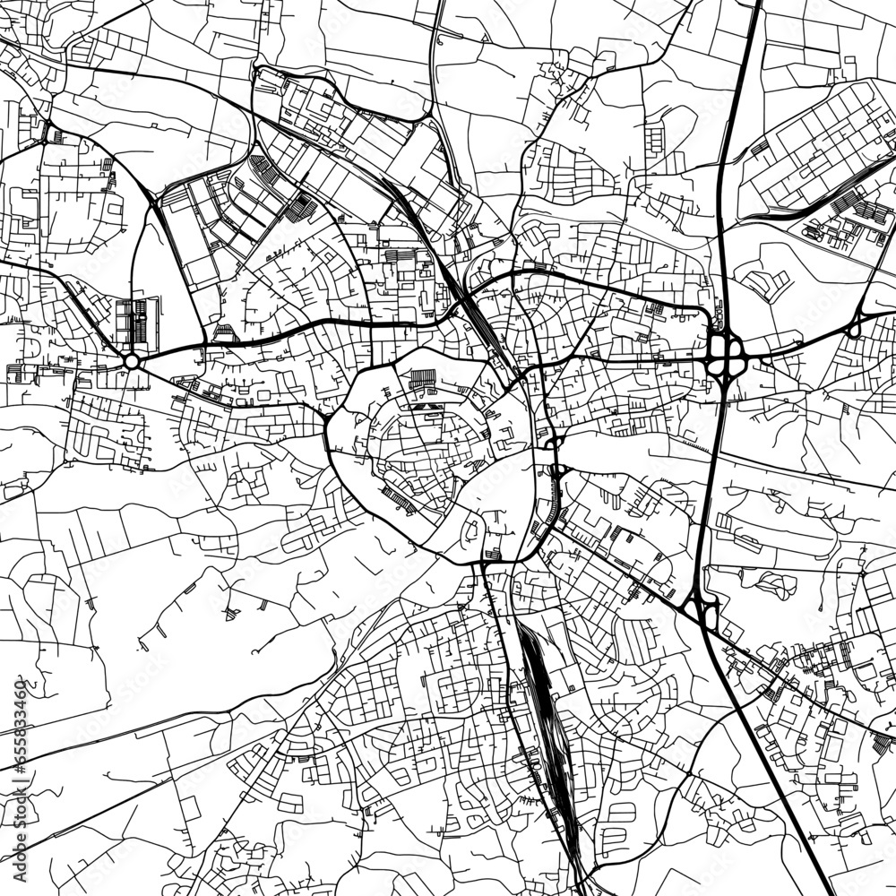 1:1 square aspect ratio vector road map of the city of  Ingolstadt in Germany with black roads on a white background.