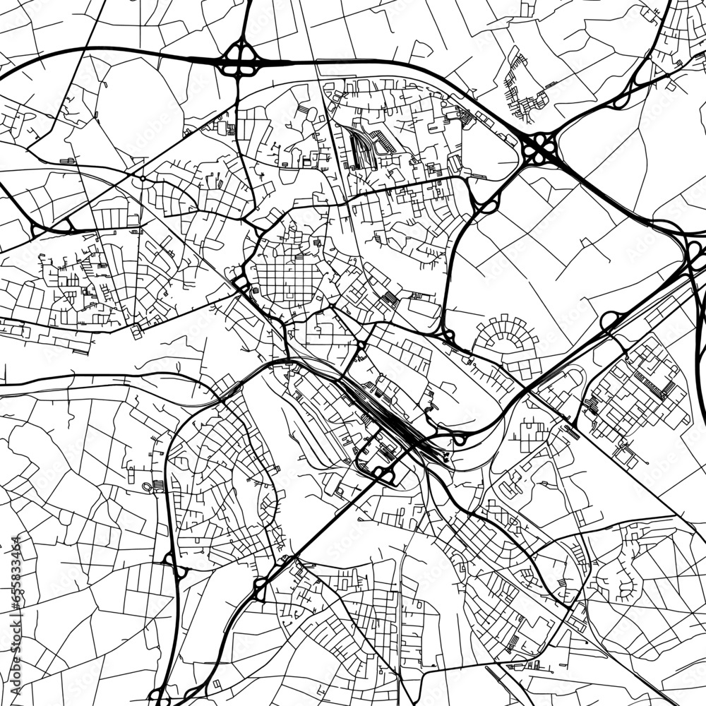 1:1 square aspect ratio vector road map of the city of  Hanau in Germany with black roads on a white background.