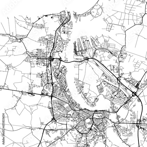 1:1 square aspect ratio vector road map of the city of  Rostock in Germany with black roads on a white background.