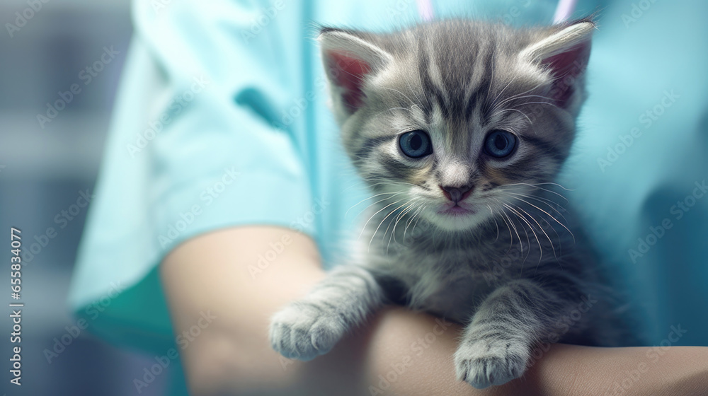 Veterinarian with a gentle kitten patient.
