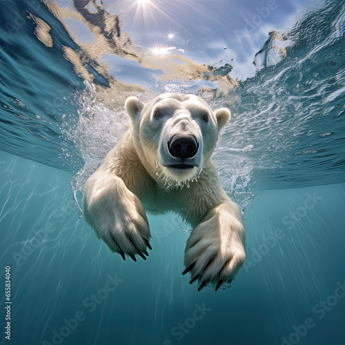 Polar Bear in nature under water Swimming Hunting close up photo