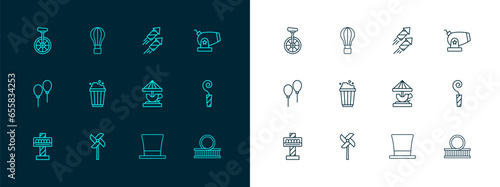 Set line Cannon, Pinwheel toy, Attraction carousel, Cylinder hat, Popcorn cardboard box, Firework rocket, Unicycle and Hot air balloon icon. Vector