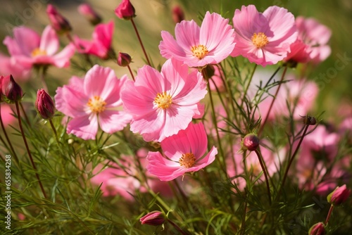 a group of pink flowers lying in the meadow. Generative AI