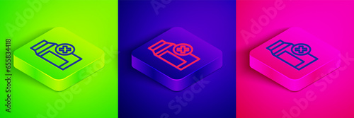 Isometric line Lactose intolerance icon isolated on green, blue and pink background. Not allow milk. Allergy concept, lactose intolerance allergy warning sign. Square button. Vector