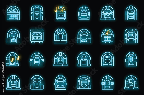 Jukebox icons set outline vector. Machine dance. Music restaurant neon color on black