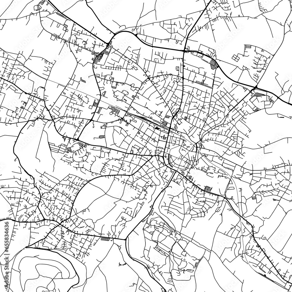 1:1 square aspect ratio vector road map of the city of  Detmold in Germany with black roads on a white background.