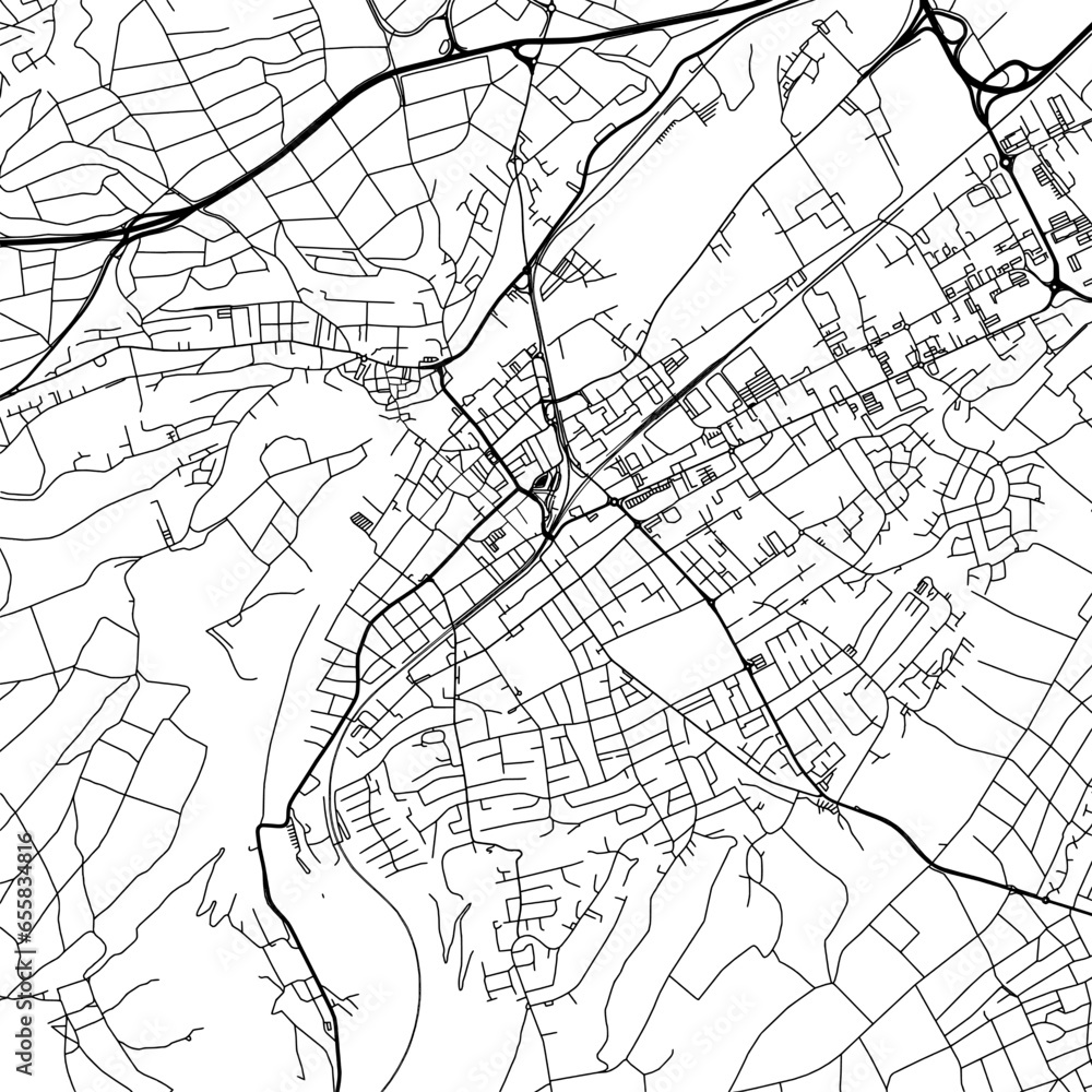 1:1 square aspect ratio vector road map of the city of  Bad Kreuznach in Germany with black roads on a white background.