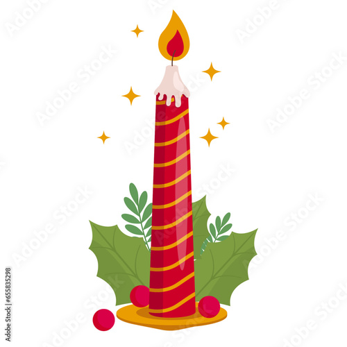 Beautiful and bright Christmas candle is burning. There are plant decorations around. Vector graphic.