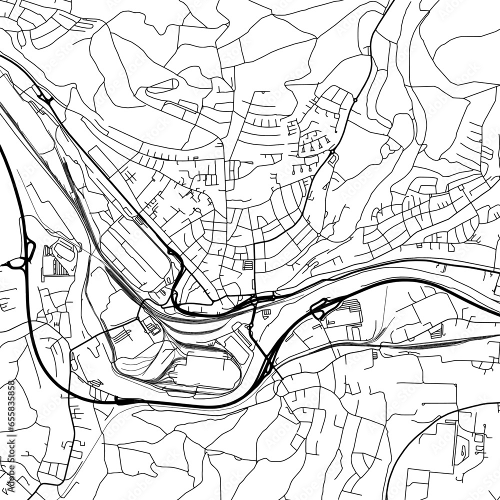 Obraz premium 1:1 square aspect ratio vector road map of the city of Volklingen in Germany with black roads on a white background.
